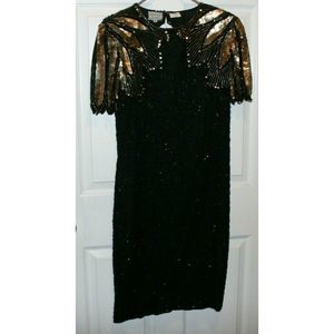 VINTAGE STENAY BEADED BLACK GOLD DRESS SIZE 12
